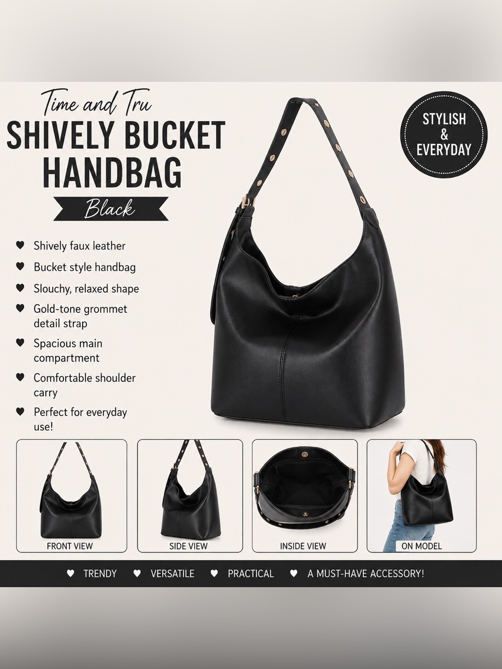 NWT Time and Tru Black Shively Bucket Handbag